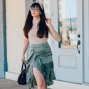 Satin Sage Ruffle High Low Skirt